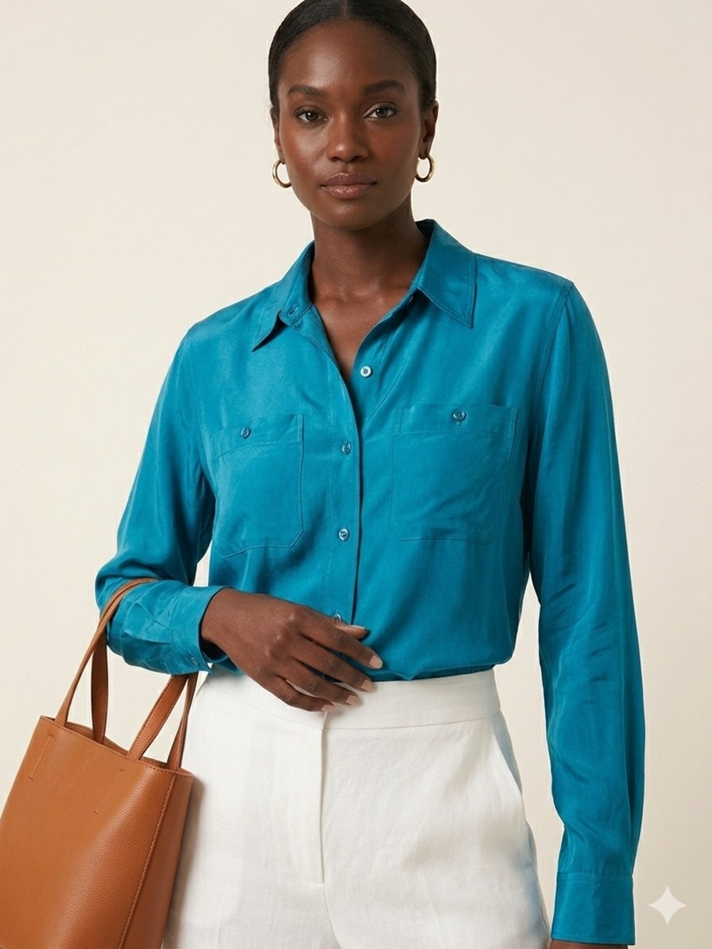 NWT Just In 100% Silk Button Down Shirt Teal Blue Utility Blouse Size Small